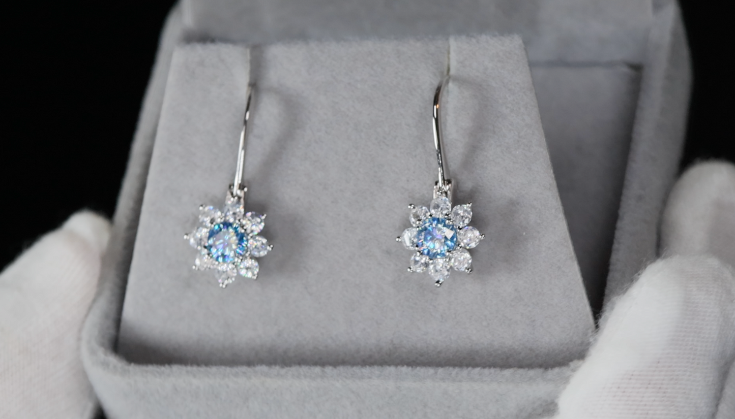 Blue Moissanite Snowflake Earrings