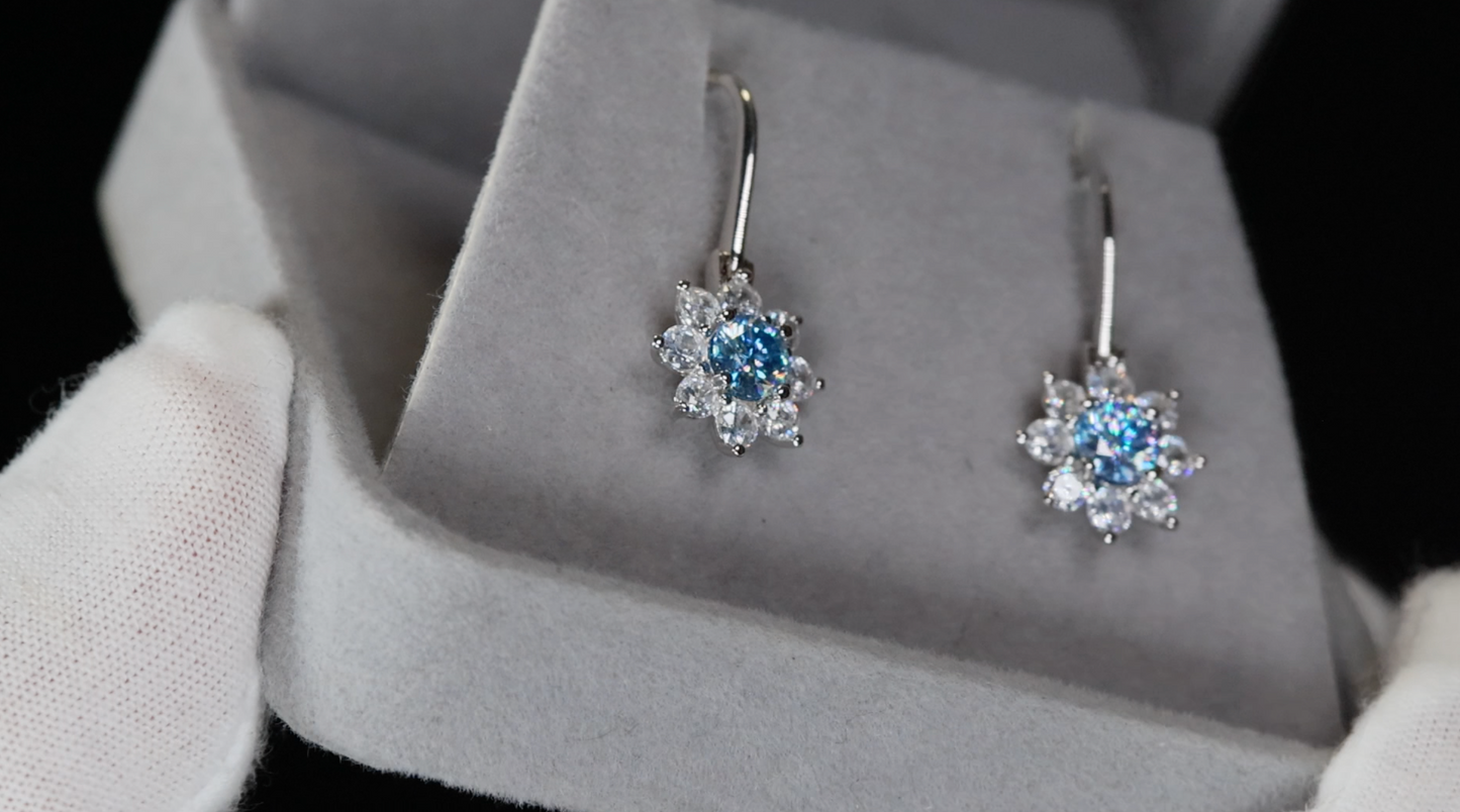 Blue Moissanite Diamond Snowflake Earrings | Blue Moissanite Diamond Earrings