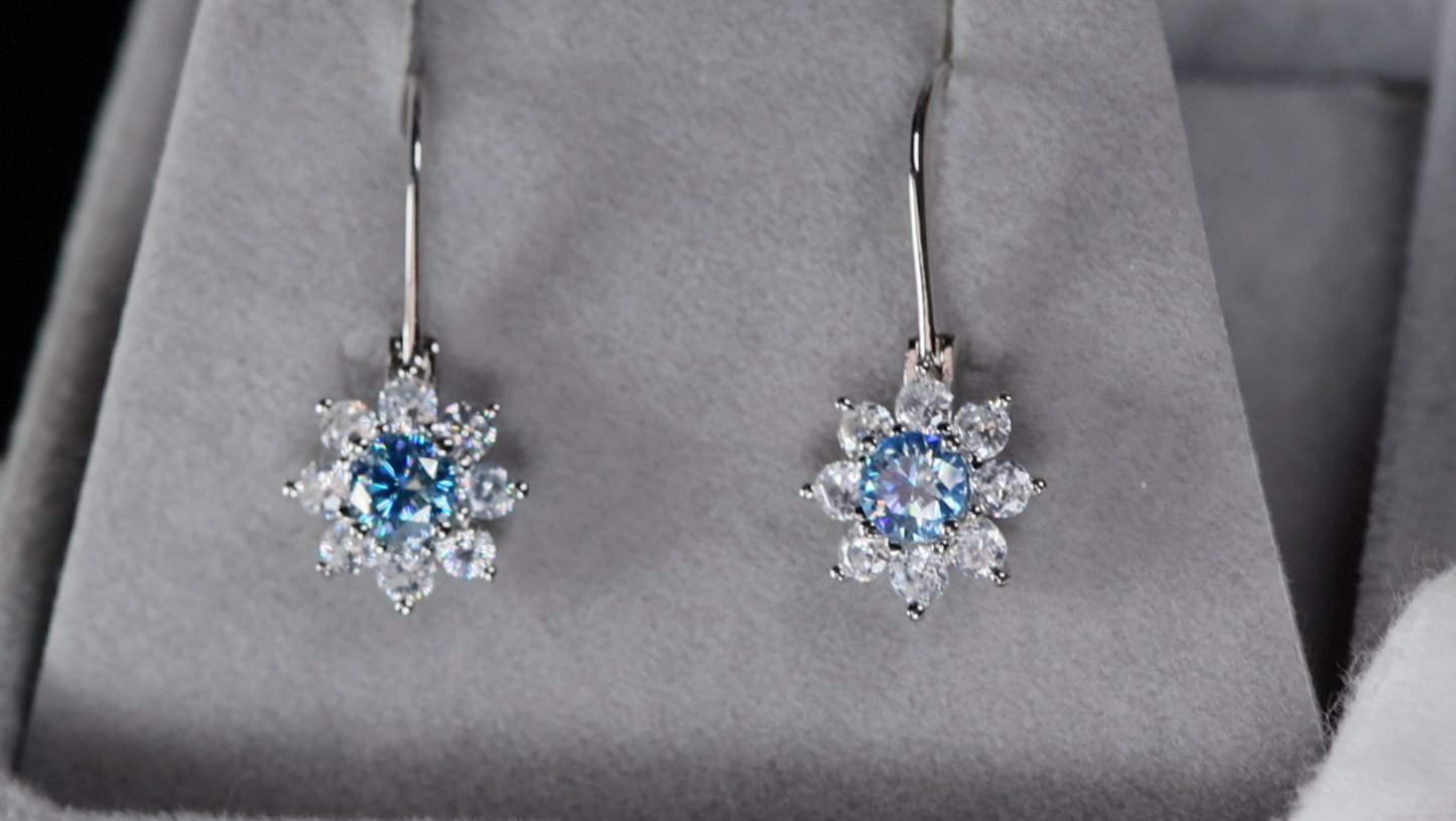 Blue Moissanite Diamond Snowflake Earrings | Blue Moissanite Diamond Earrings