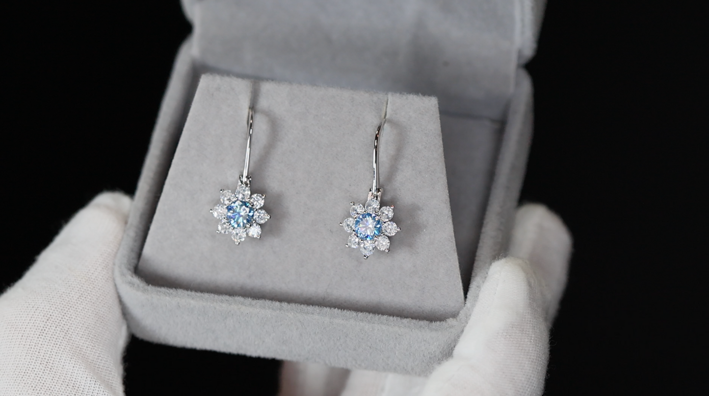 Blue Moissanite Diamond Snowflake Earrings | Blue Moissanite Diamond Earrings