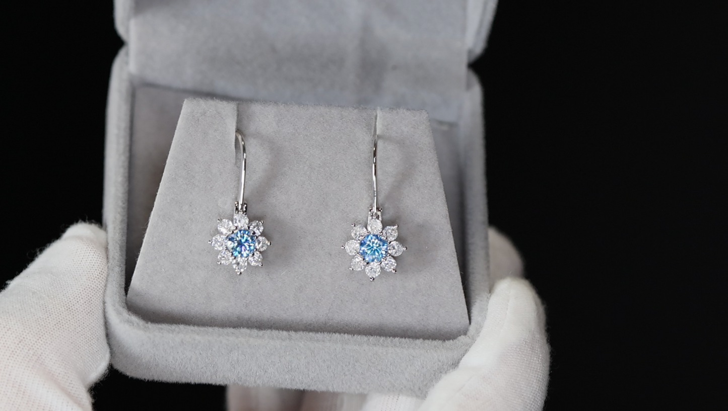 Blue Moissanite Diamond Snowflake Earrings | Blue Moissanite Diamond Earrings