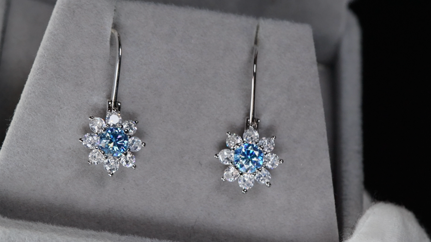 Blue Moissanite Diamond Snowflake Earrings | Blue Moissanite Diamond Earrings