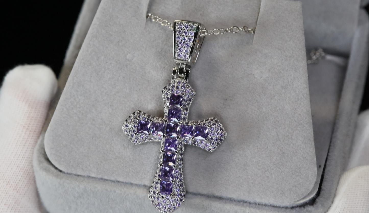Purple Diamond Cross Pendant | Princess Cut Diamond Cross