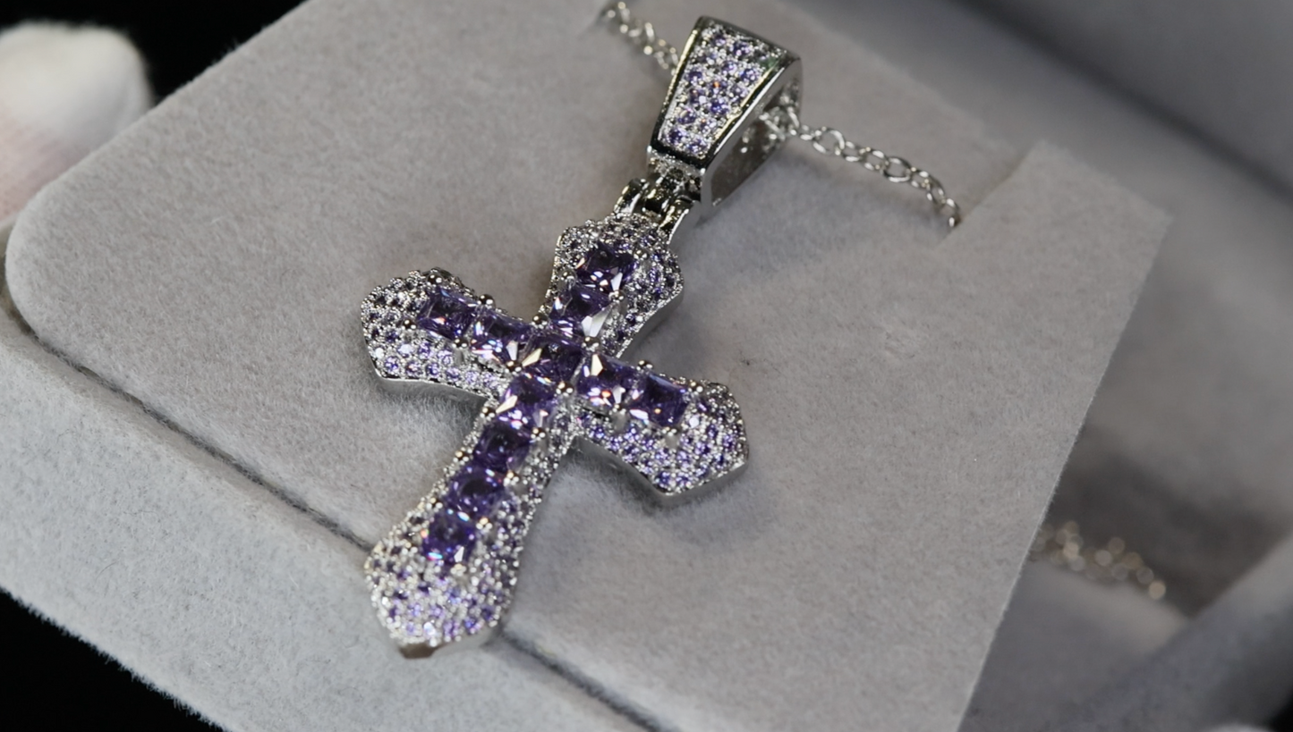 Purple Diamond Cross Pendant | Princess Cut Diamond Cross