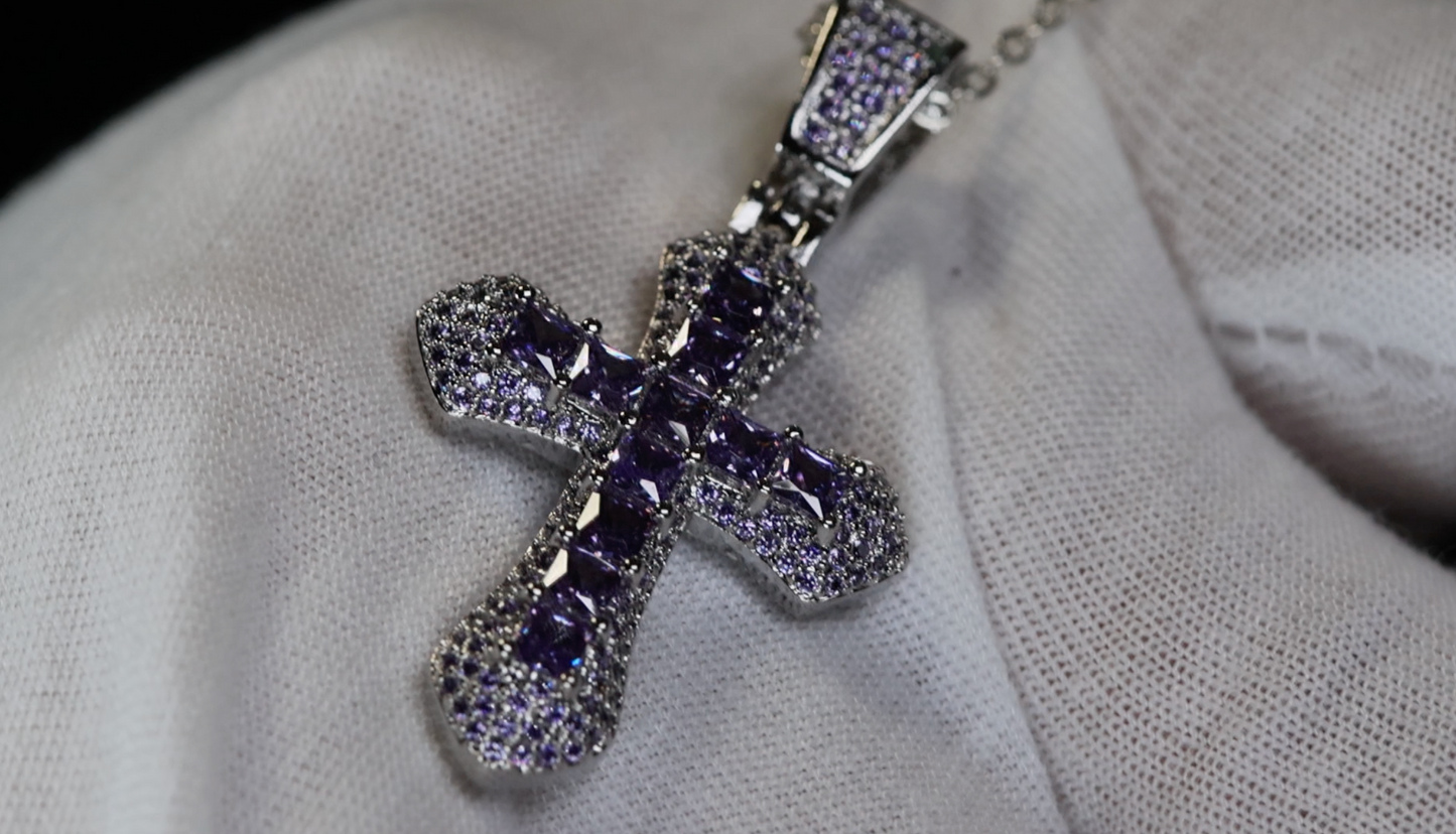 Purple Diamond Cross Pendant | Princess Cut Diamond Cross