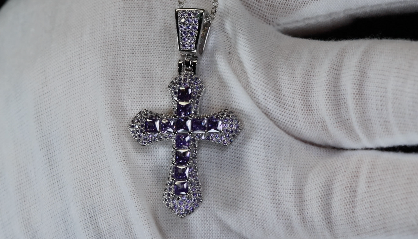 Purple Diamond Cross Pendant | Princess Cut Diamond Cross