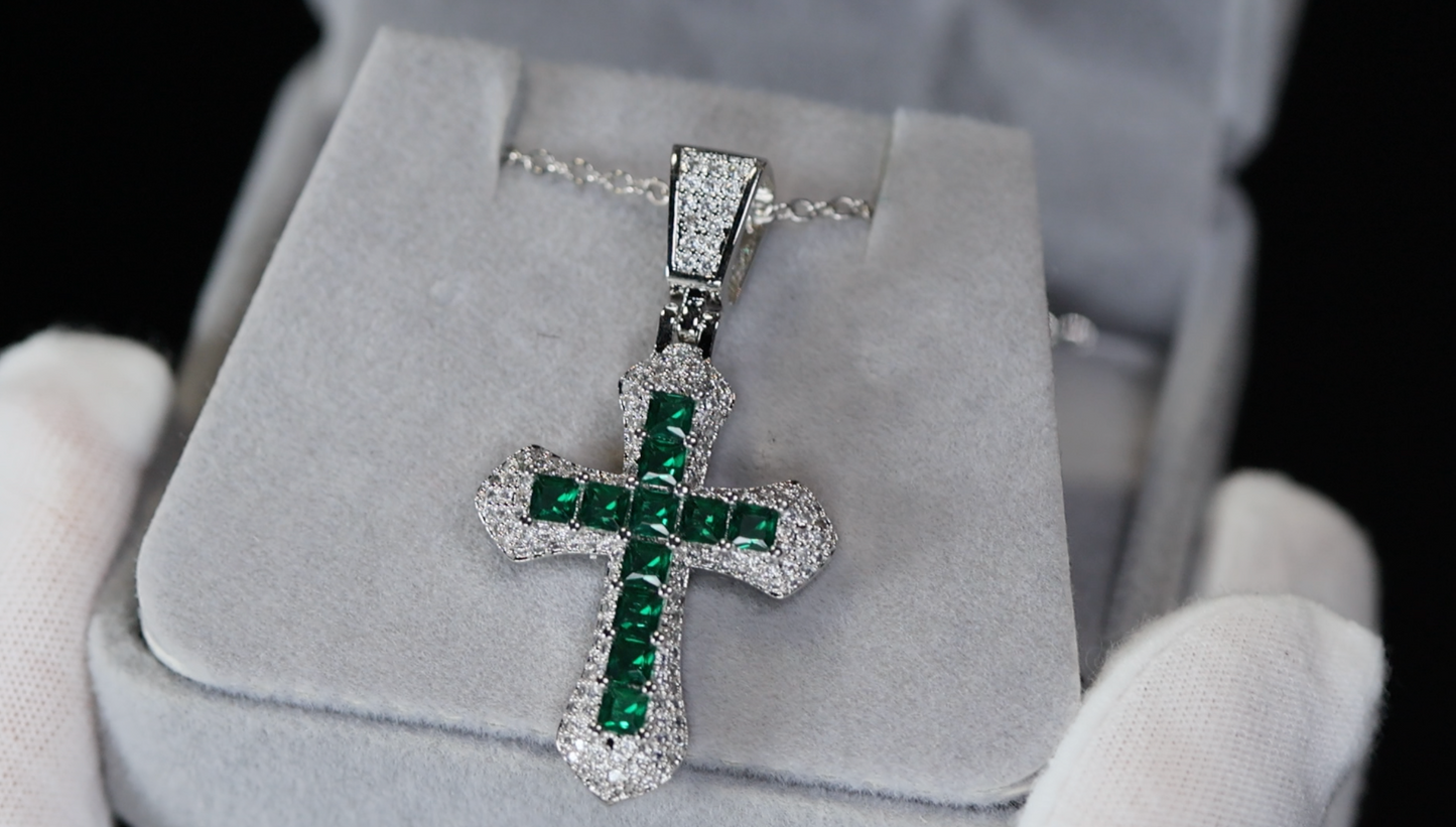 Green Diamond Cross Pendant | Princess Cut Diamond Cross