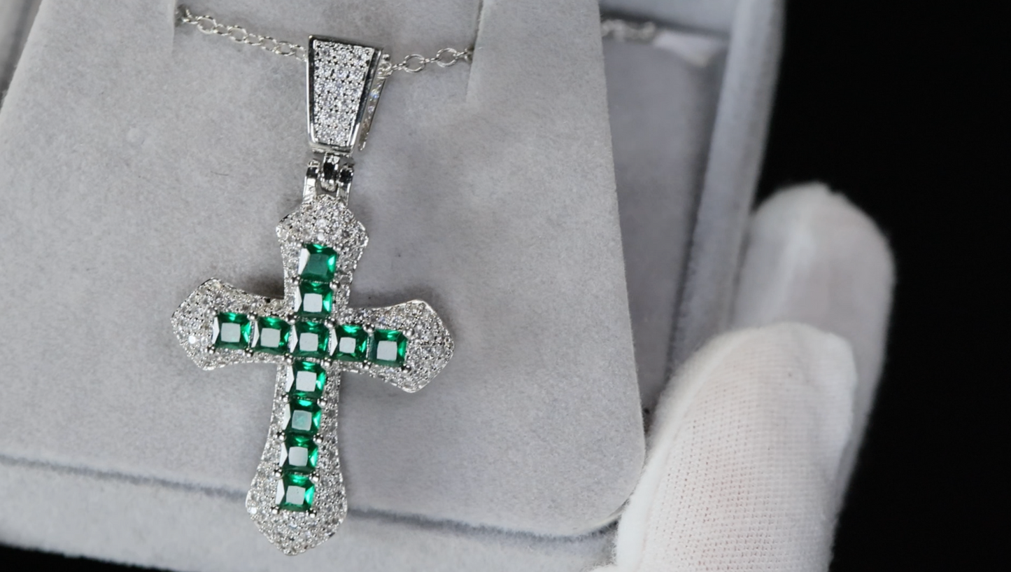 Green Diamond Cross Pendant | Princess Cut Diamond Cross