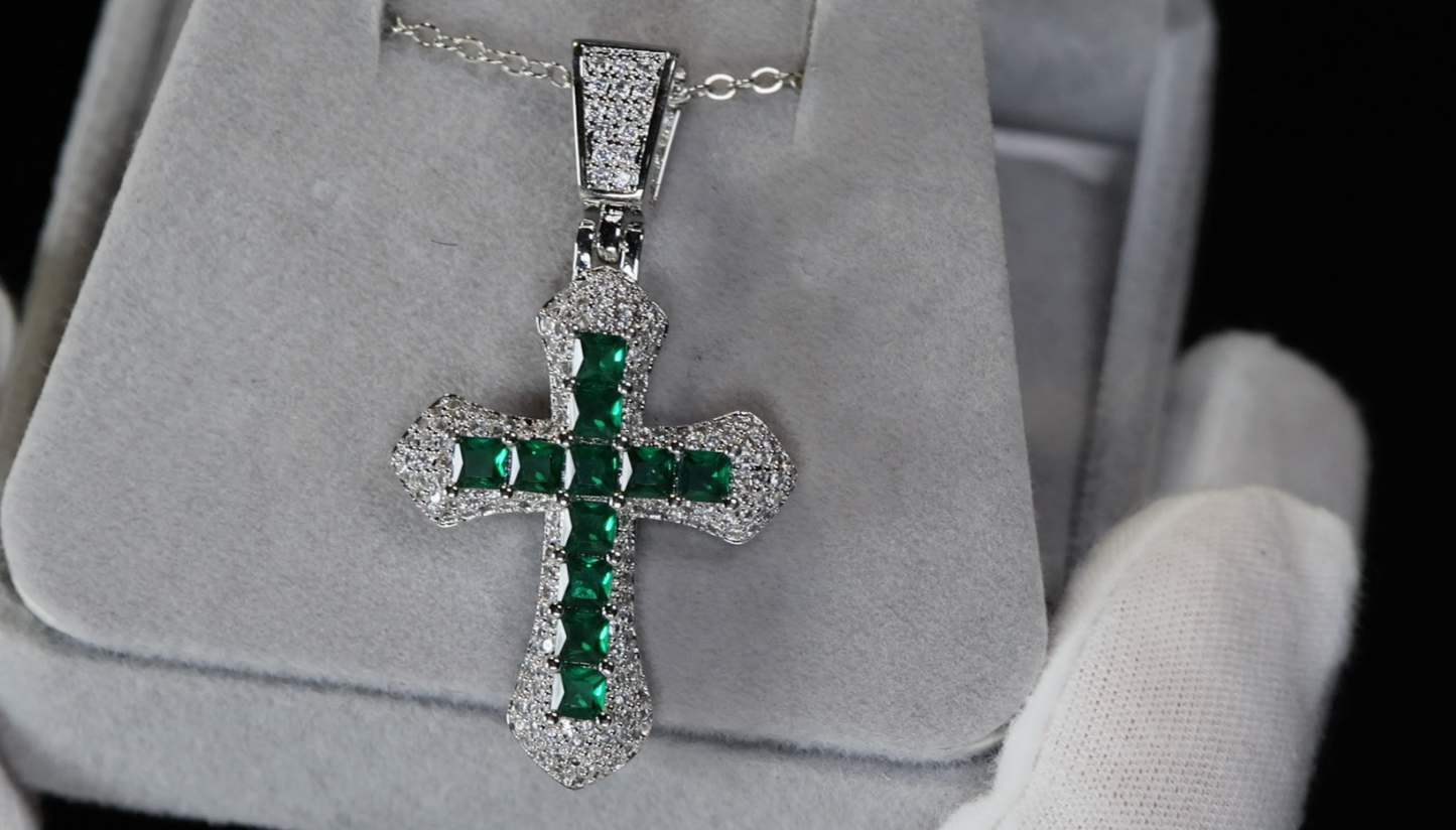 Green Diamond Cross Pendant | Princess Cut Diamond Cross