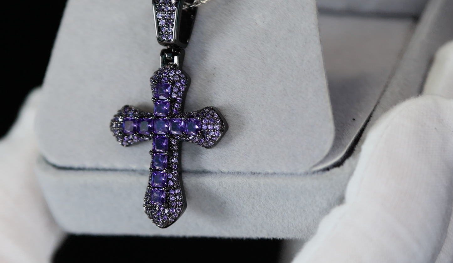 Purple Diamond Cross Pendant | Princess Cut Diamond Cross