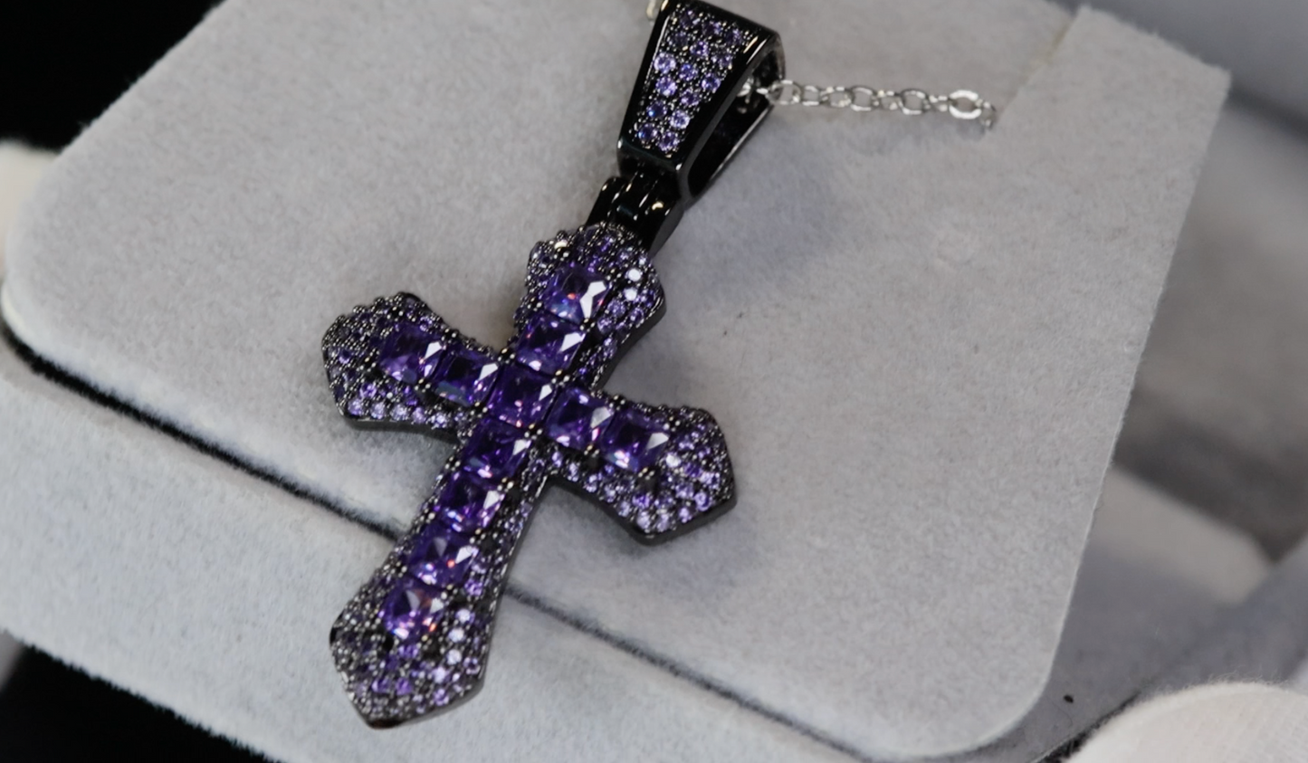 Purple Diamond Cross Pendant | Princess Cut Diamond Cross