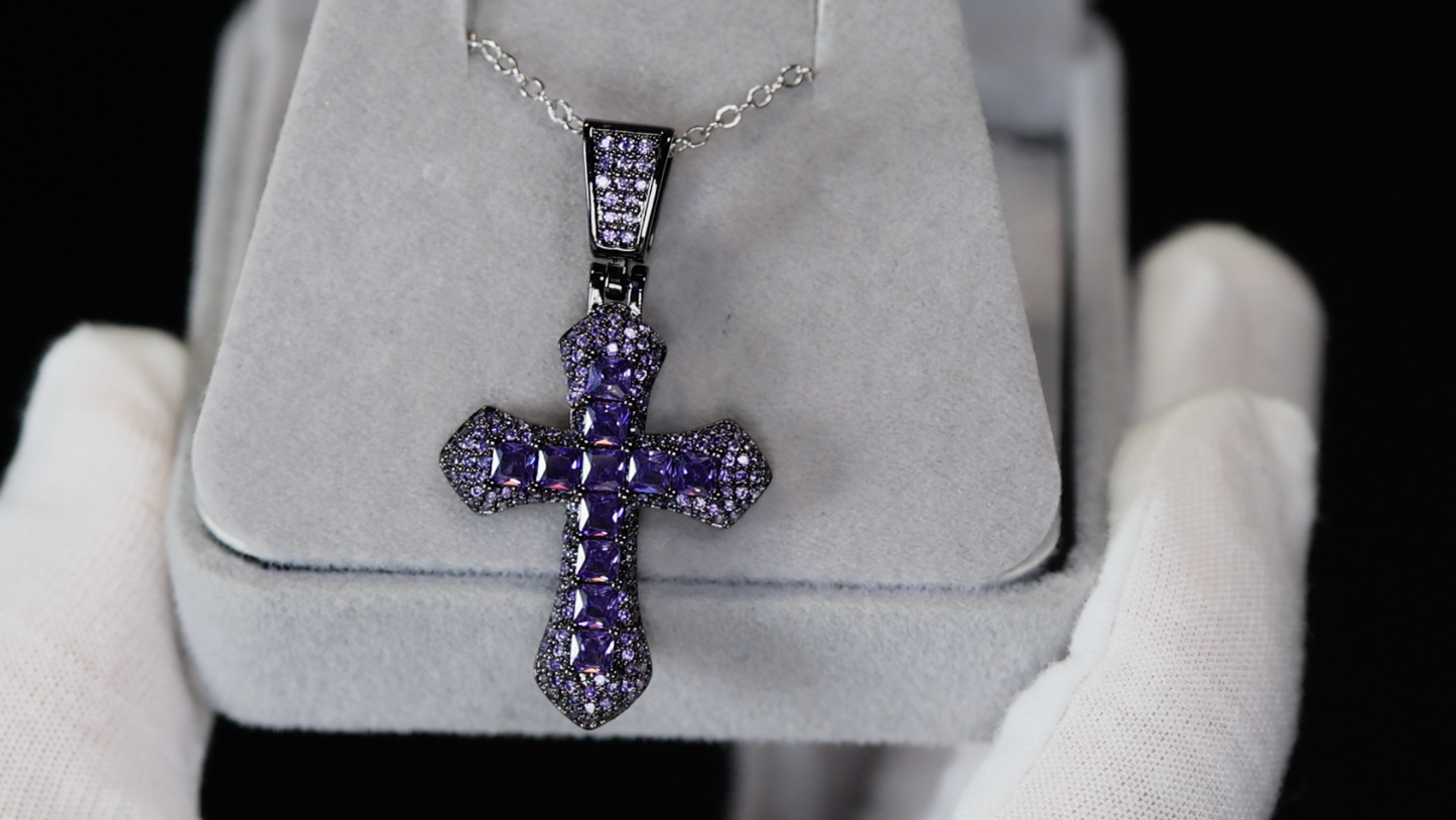 Purple Diamond Cross Pendant | Princess Cut Diamond Cross