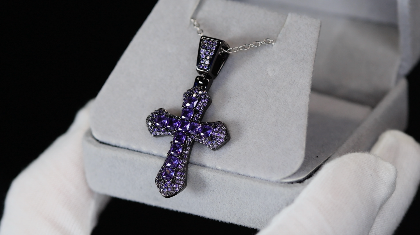 Purple Diamond Cross Pendant | Princess Cut Diamond Cross