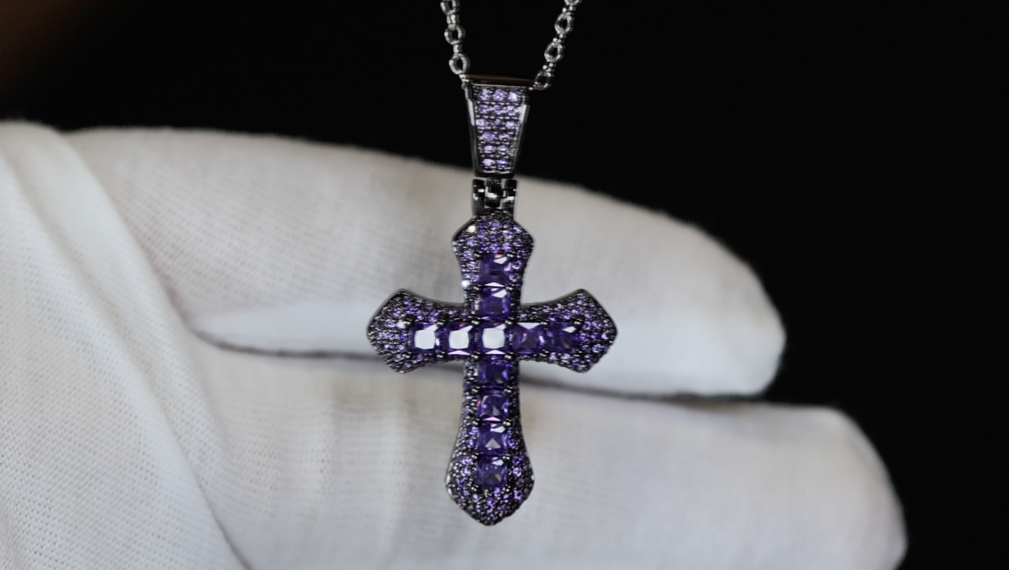 Purple Diamond Cross Pendant | Princess Cut Diamond Cross