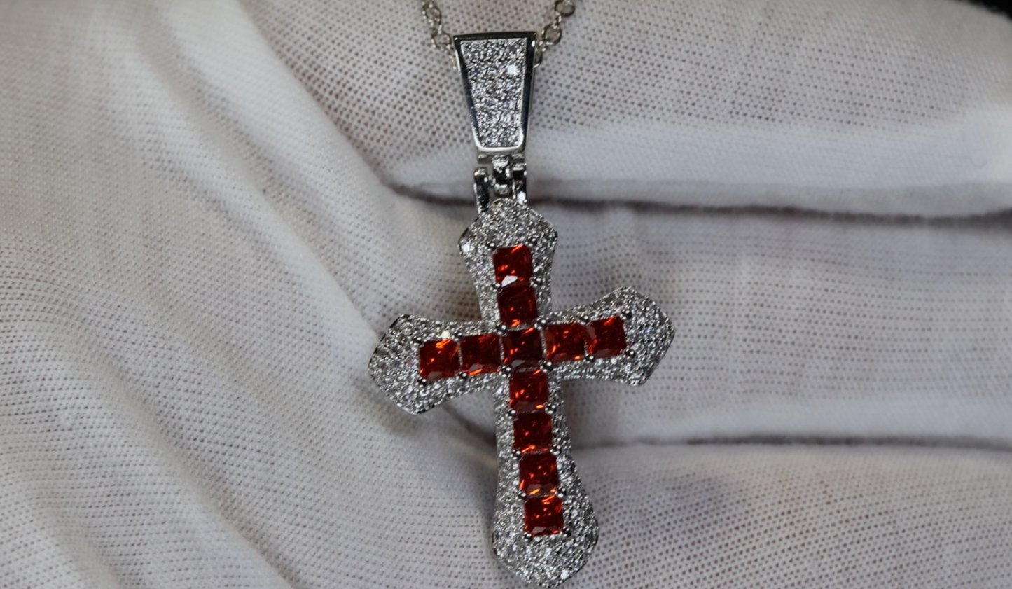 Red Diamond Cross Pendant | Princess Cut Diamond Cross