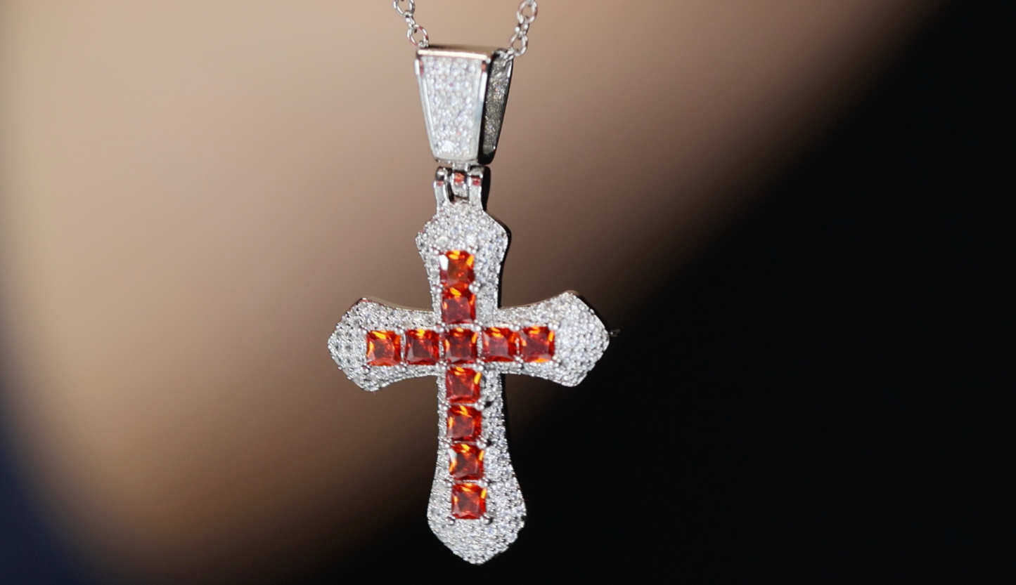 Red Diamond Cross Pendant | Princess Cut Diamond Cross
