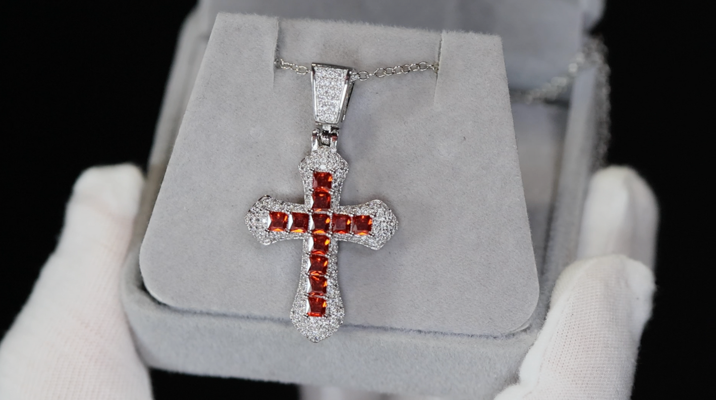 Red Diamond Cross Pendant | Princess Cut Diamond Cross