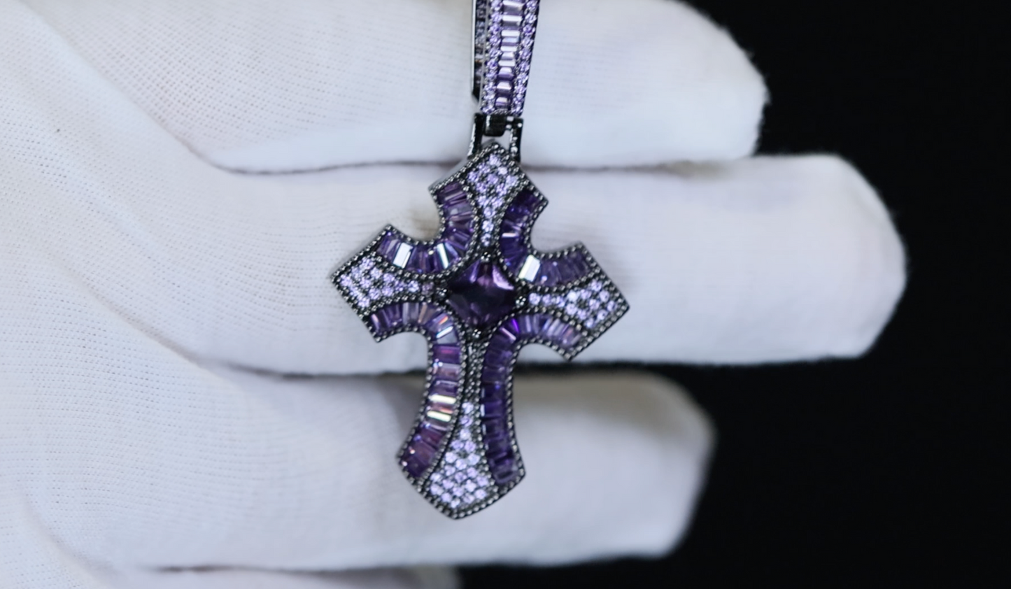 Purple Diamond Cross Pendant | Princess Cut Diamond Cross