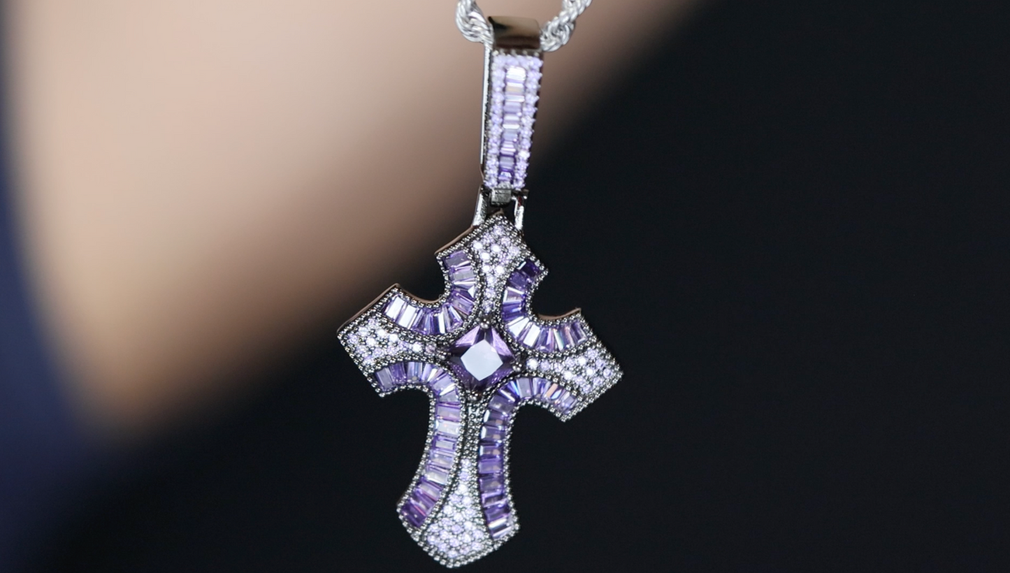 Purple Diamond Cross Pendant | Princess Cut Diamond Cross