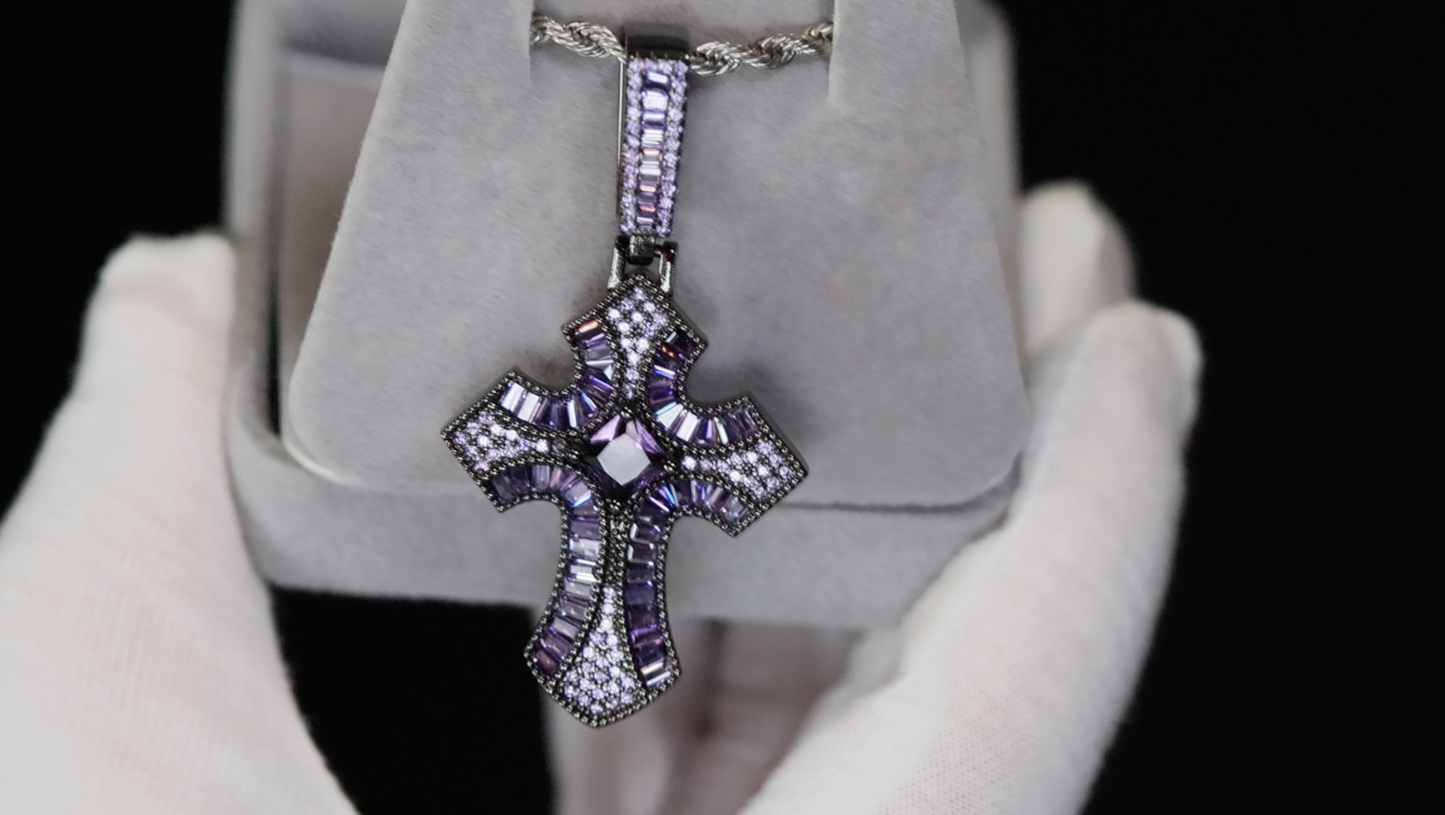 Purple Diamond Cross Pendant | Princess Cut Diamond Cross