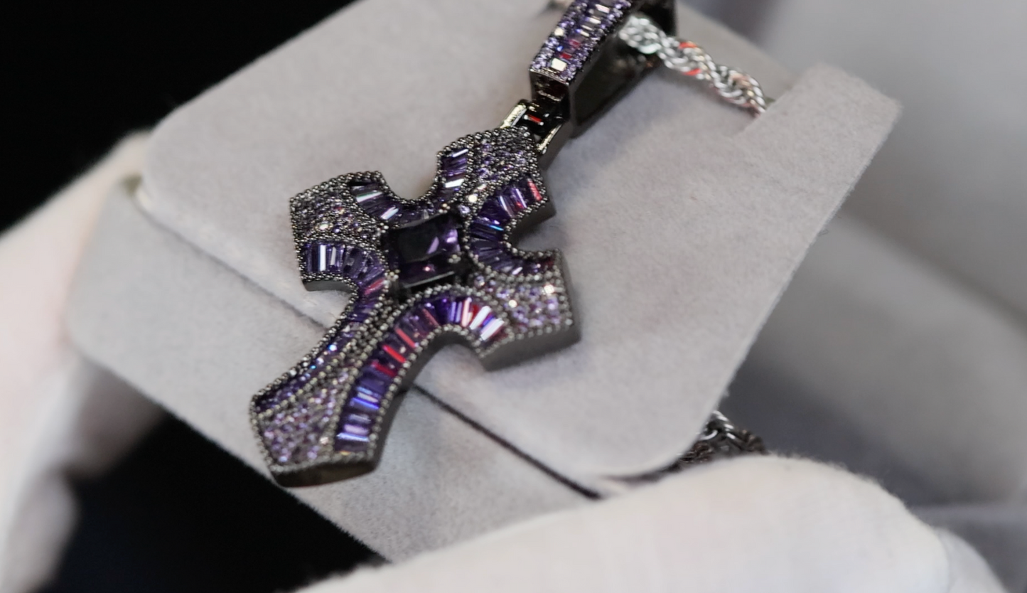 Purple Diamond Cross Pendant | Princess Cut Diamond Cross