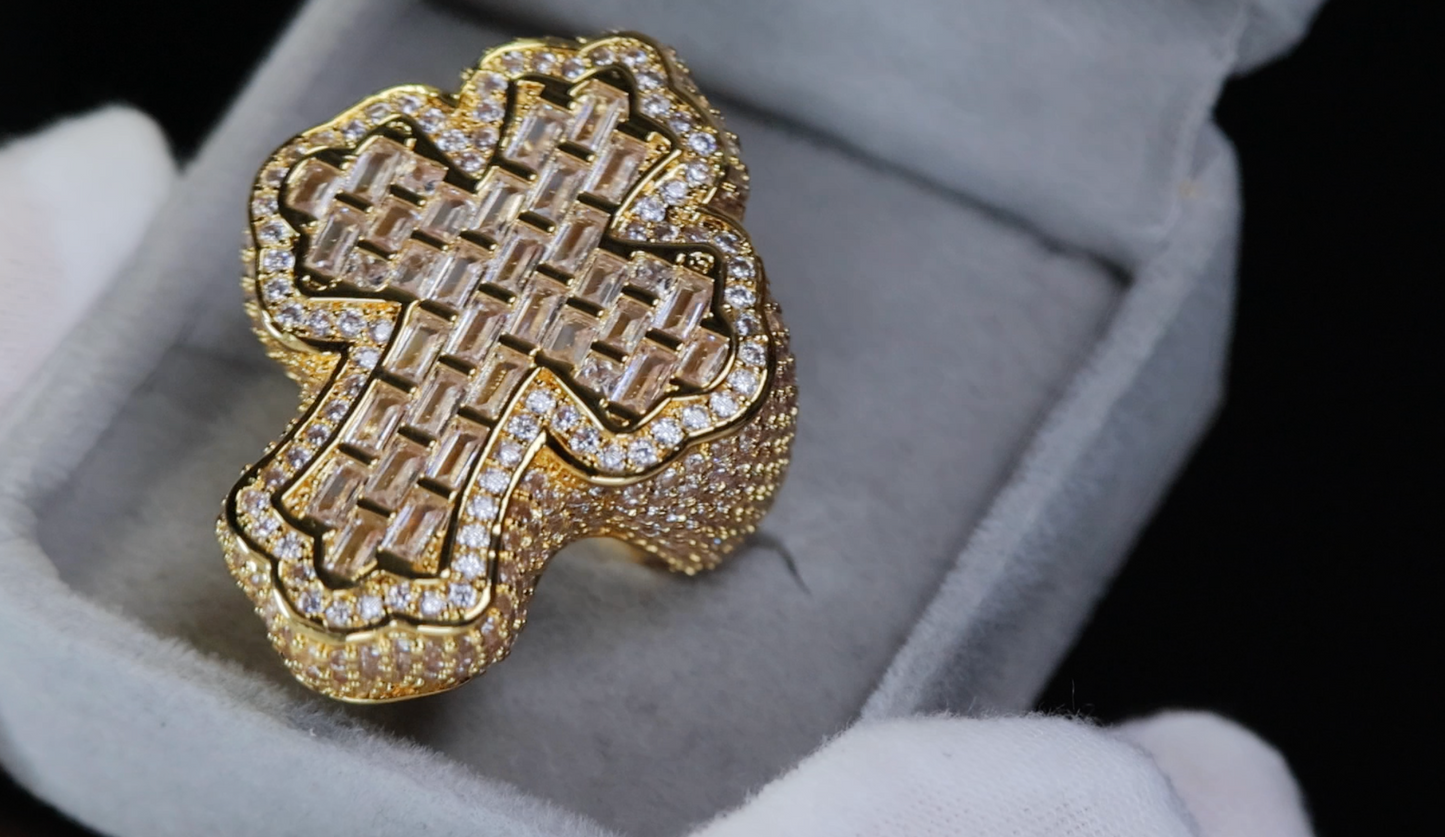 Iced Out Cross Ring | Gold Diamond Cross Ring | Hip Hop Cross Ring