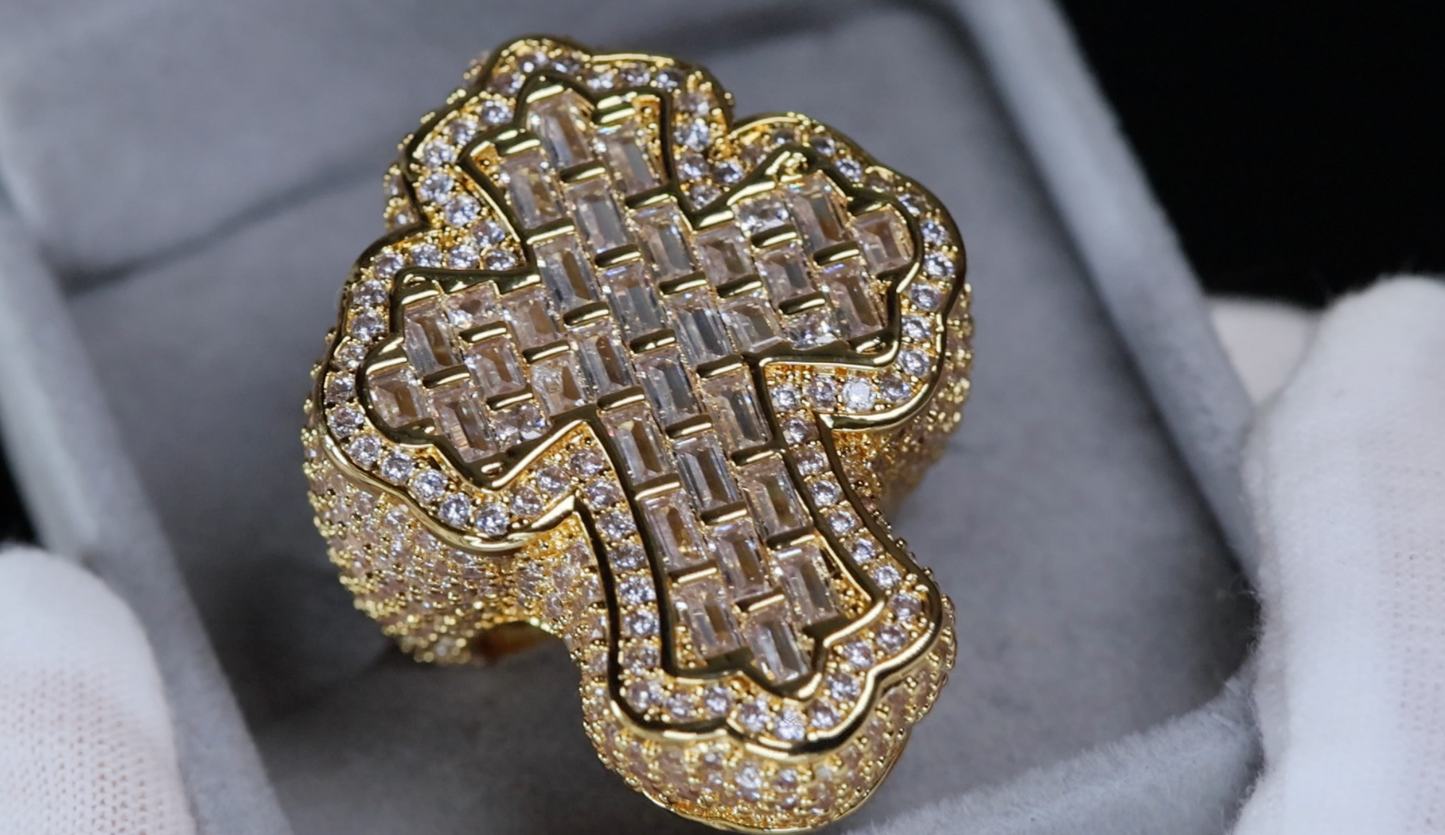 Iced Out Cross Ring | Gold Diamond Cross Ring | Hip Hop Cross Ring