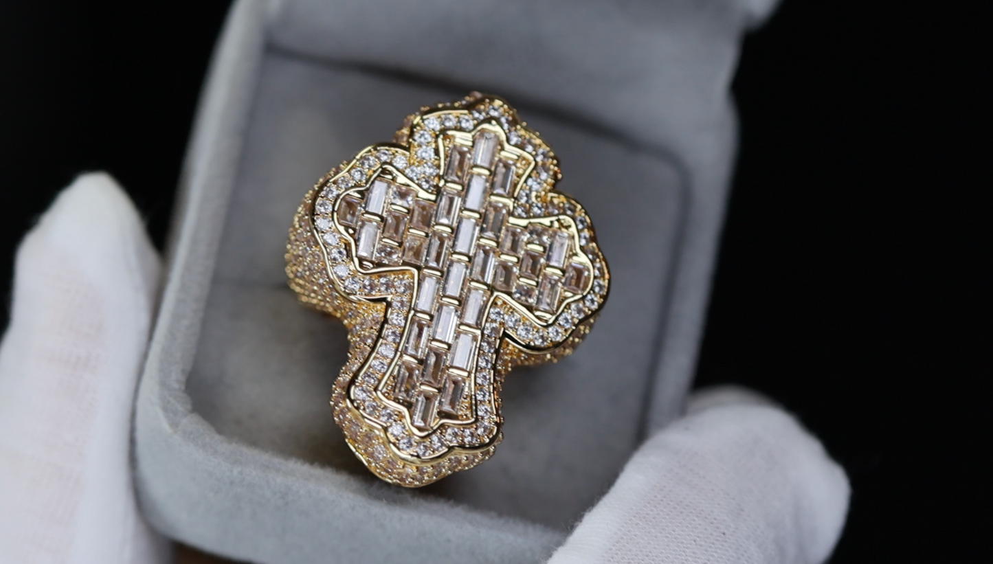 Iced Out Cross Ring | Gold Diamond Cross Ring | Hip Hop Cross Ring