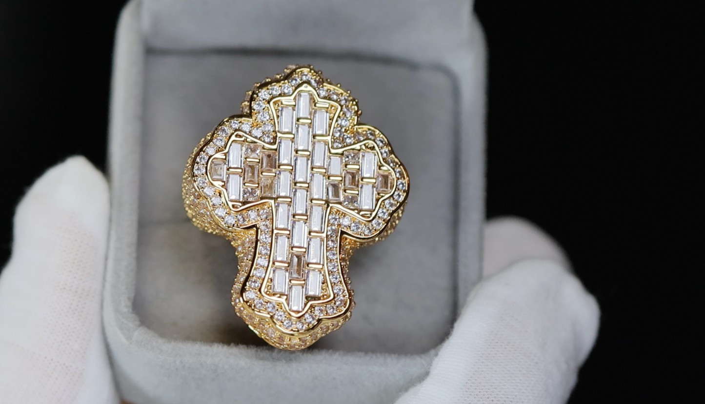 Iced Out Cross Ring | Gold Diamond Cross Ring | Hip Hop Cross Ring