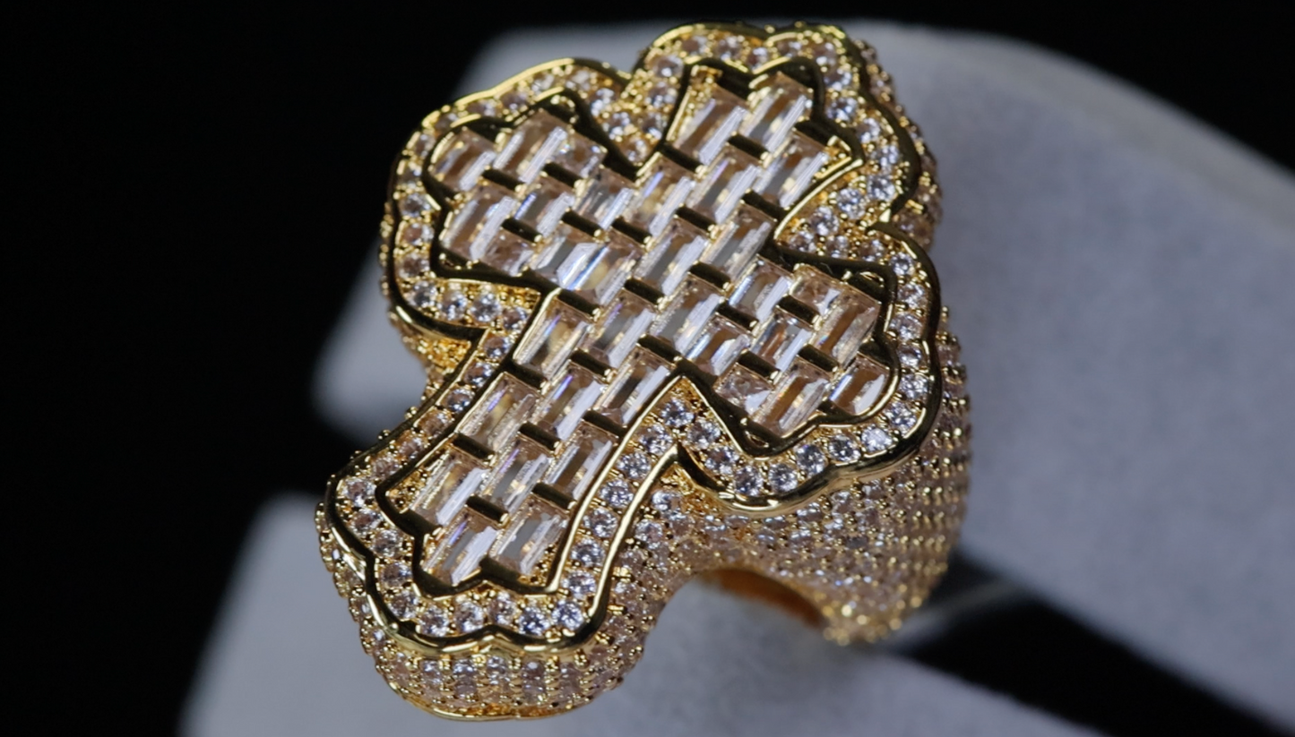 Iced Out Cross Ring | Gold Diamond Cross Ring | Hip Hop Cross Ring