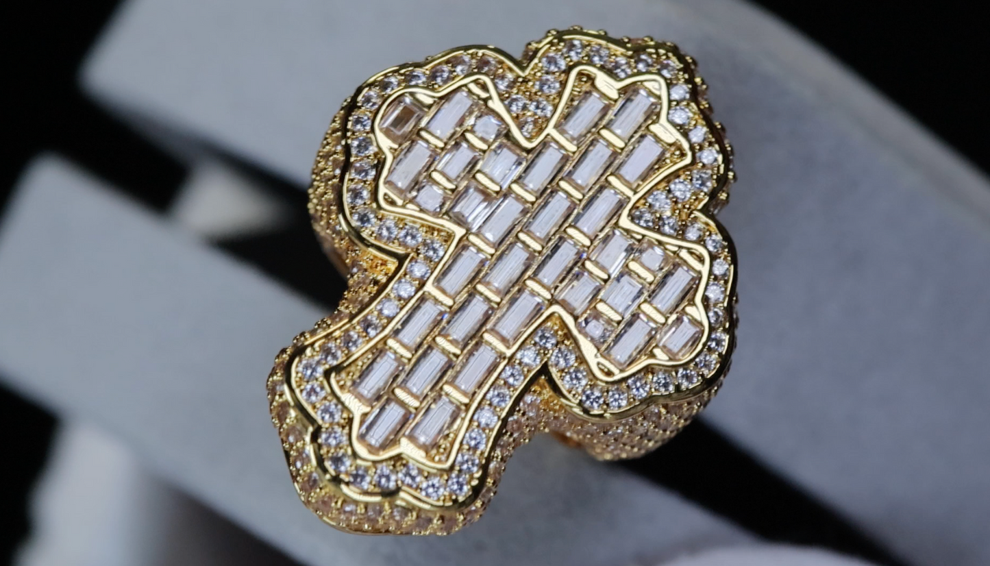 Iced Out Cross Ring | Gold Diamond Cross Ring | Hip Hop Cross Ring