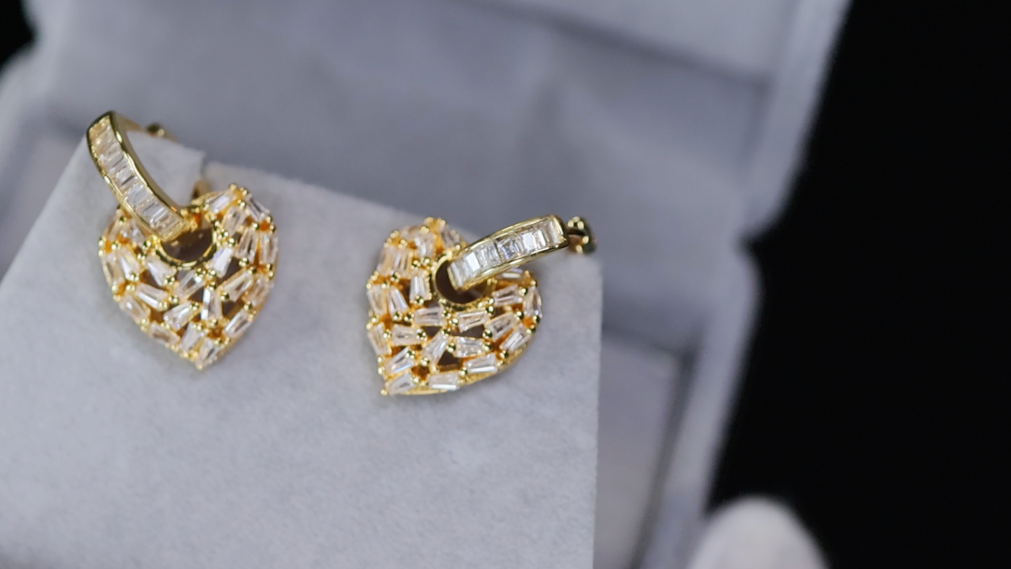 Gold Diamond Heart Earrings | Baguette Heart Earrings