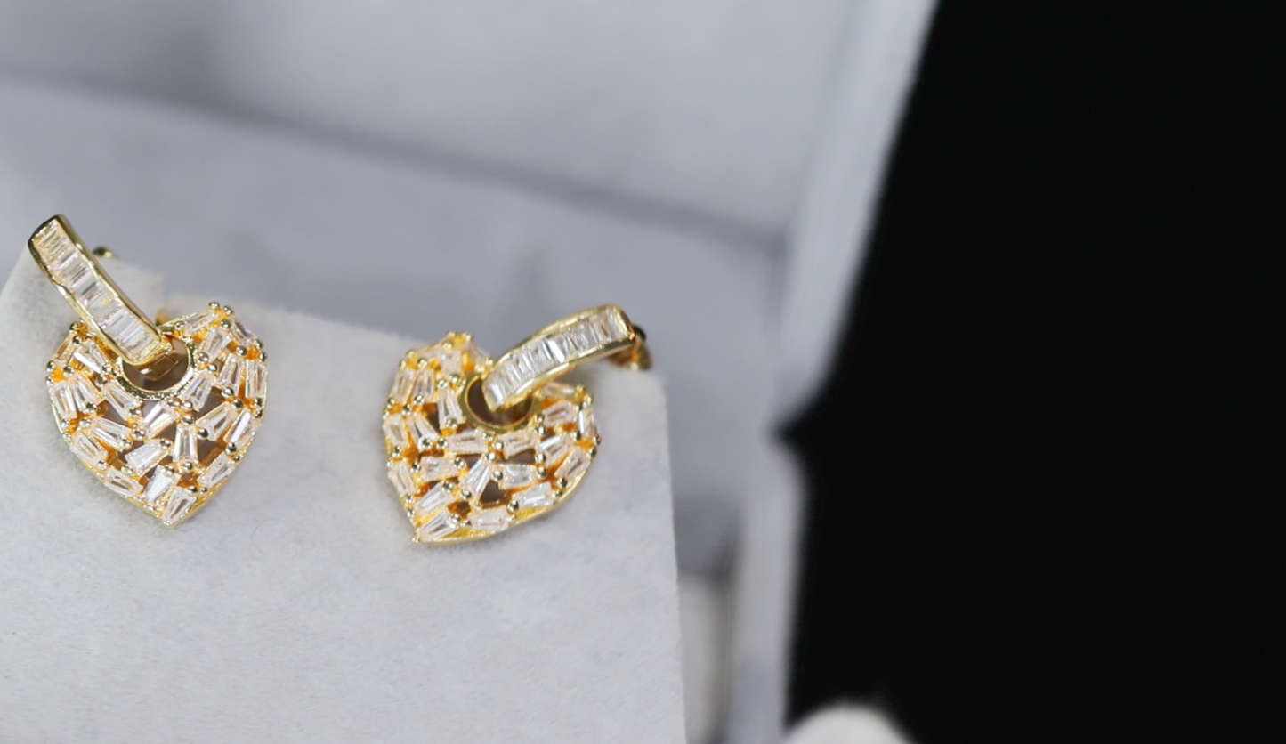 Gold Diamond Heart Earrings | Baguette Heart Earrings