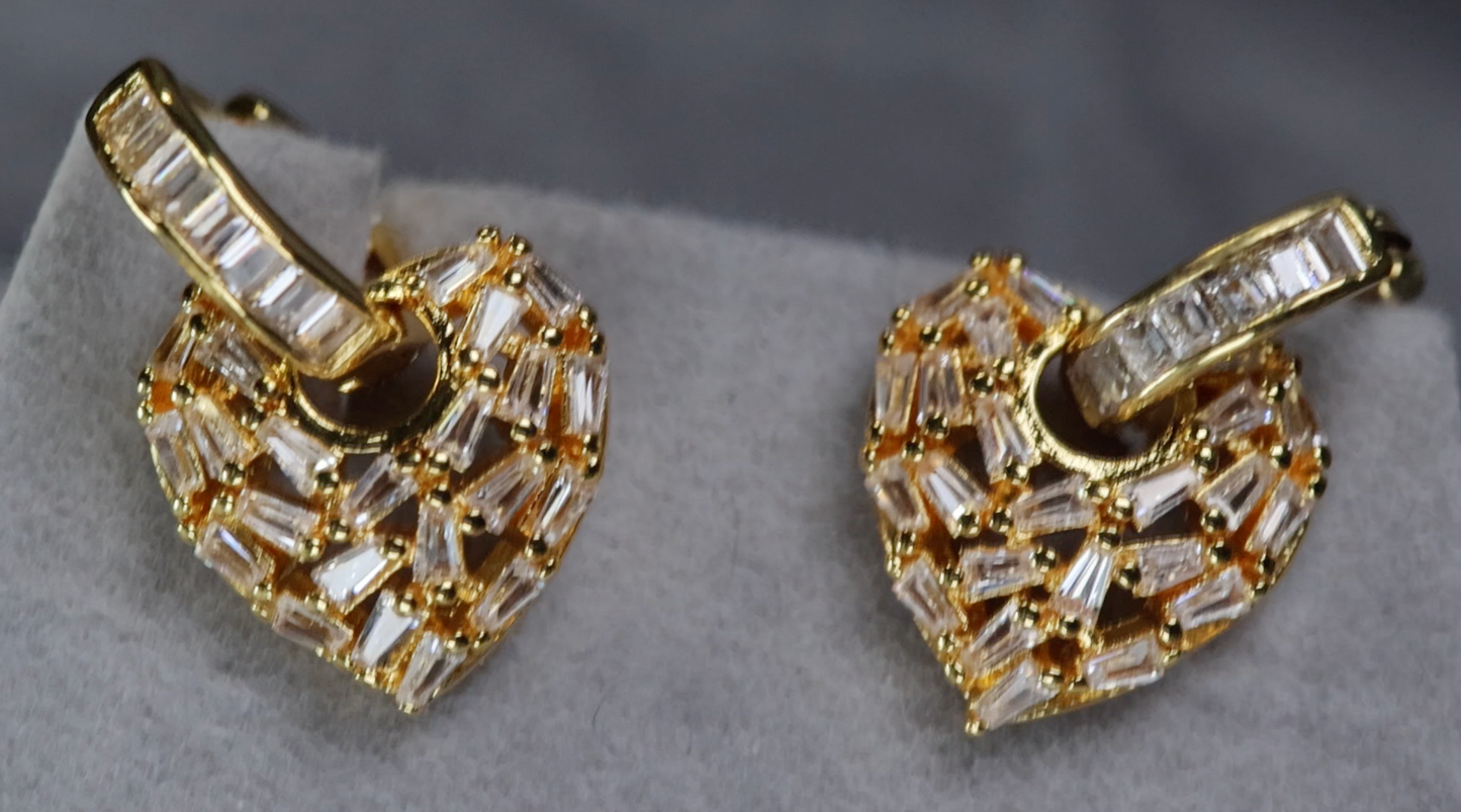 Gold Diamond Heart Earrings | Baguette Heart Earrings