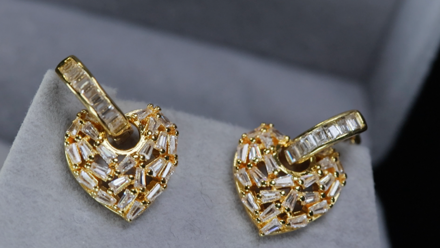 Gold Diamond Heart Earrings | Baguette Heart Earrings