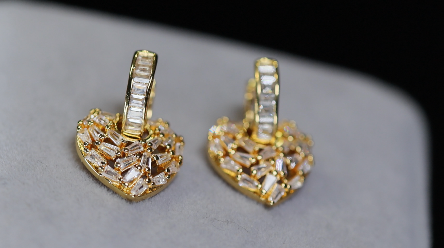 Gold Diamond Heart Earrings | Baguette Heart Earrings