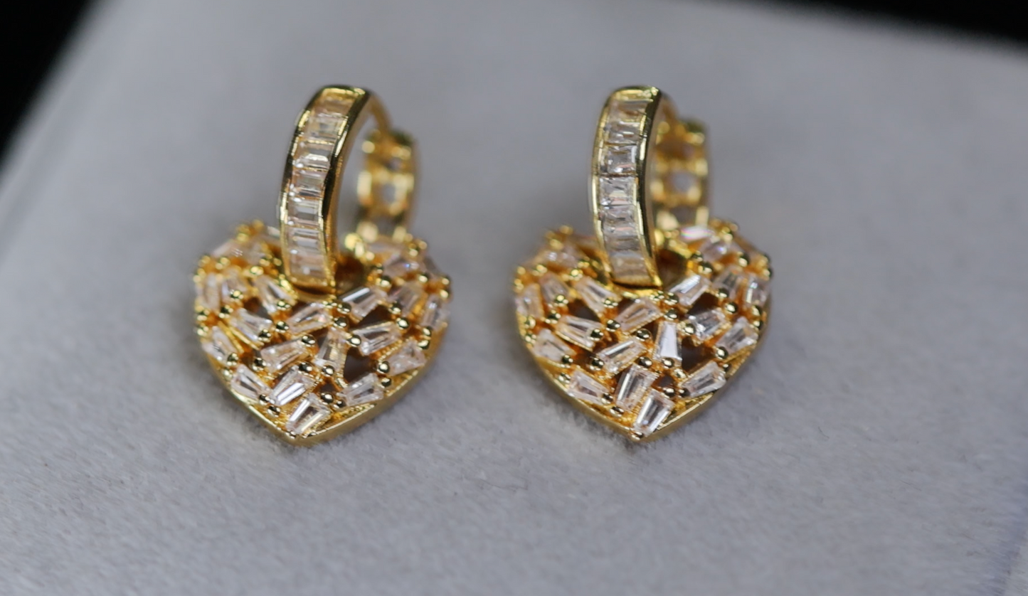 Gold Diamond Heart Earrings | Baguette Heart Earrings