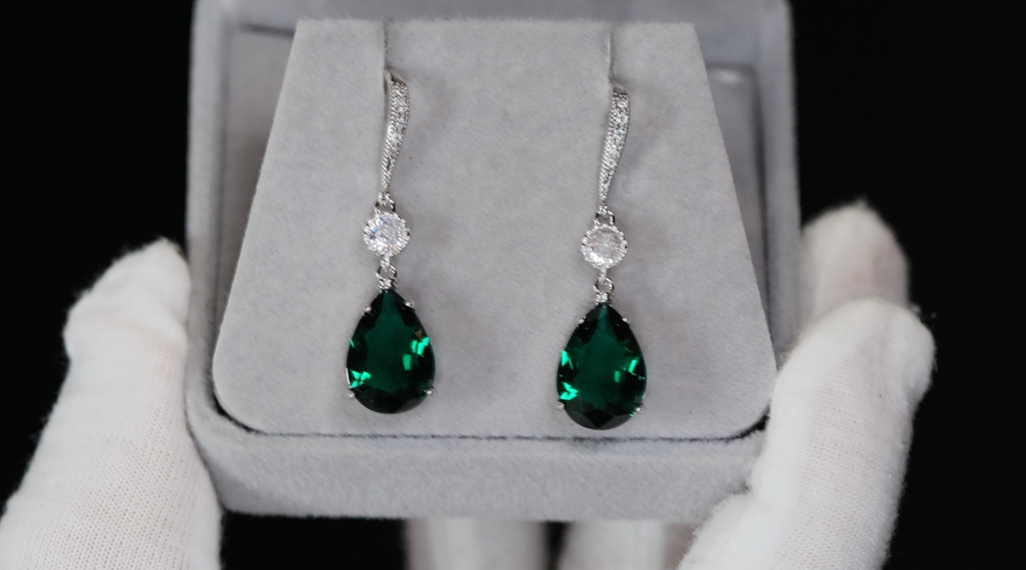 Green Diamond Teardrop Earrings | Green Pear Cut Earrings