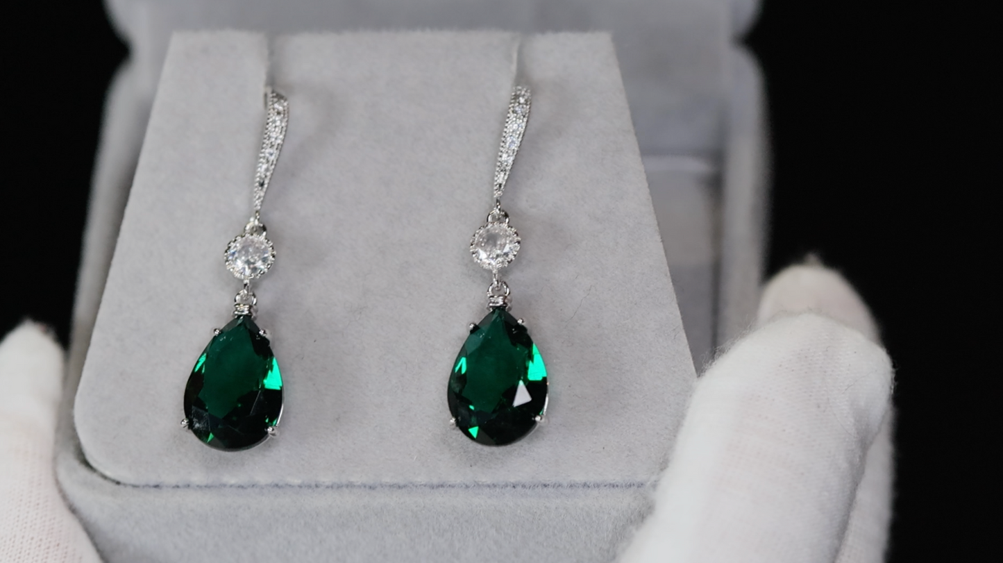 Green Diamond Teardrop Earrings | Green Pear Cut Earrings