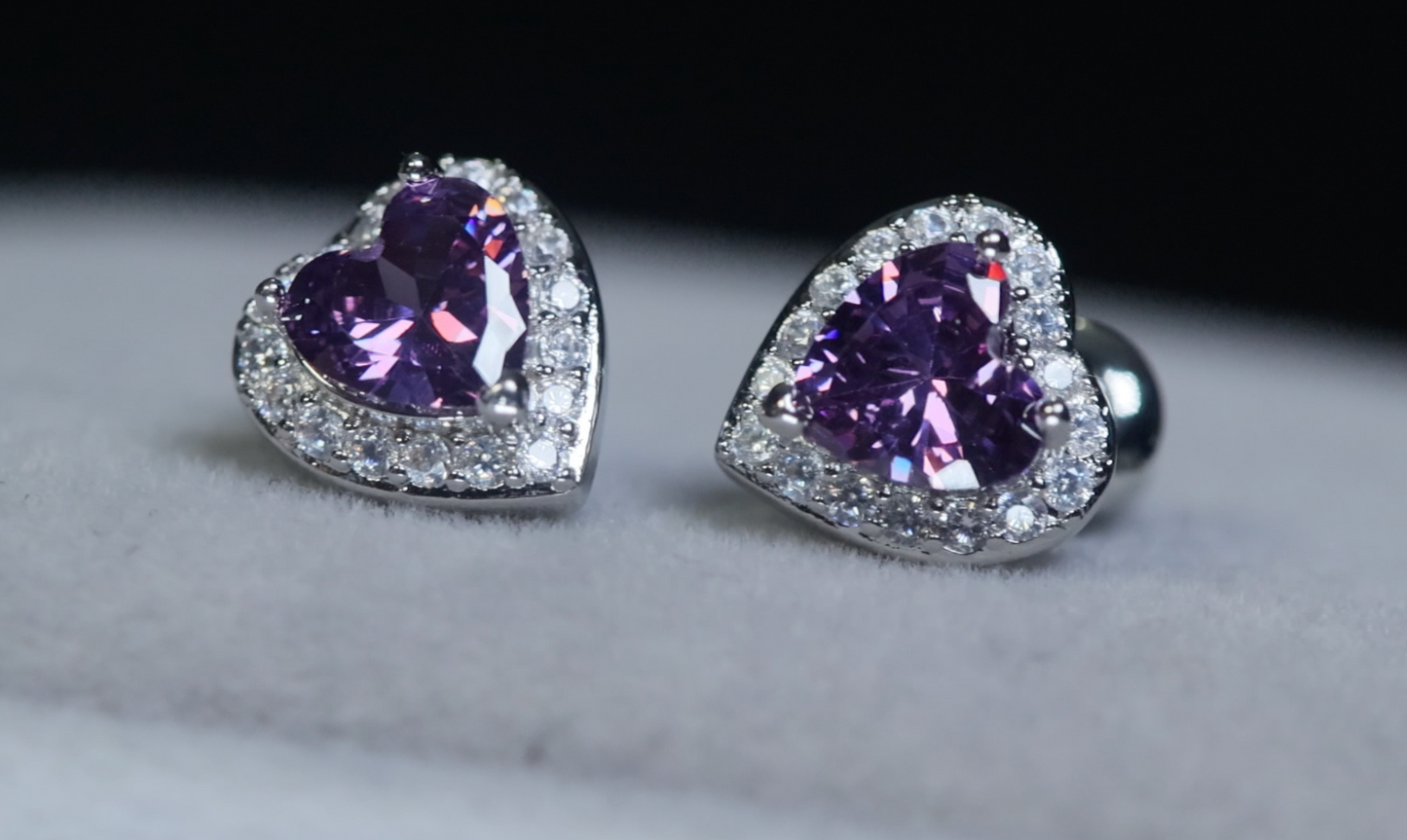 Purple Diamond Heart Earrings