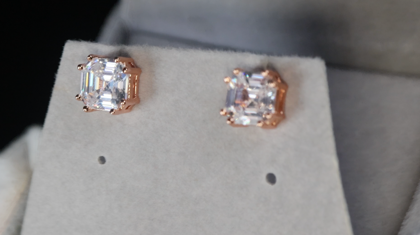 Rose Gold Asscher Diamond Ear Studs | Rose Gold Iced Ear Studs