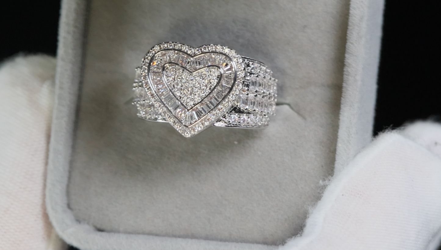 Silver Diamond Heart Ring | Silver Baguette Diamond Heart Ring