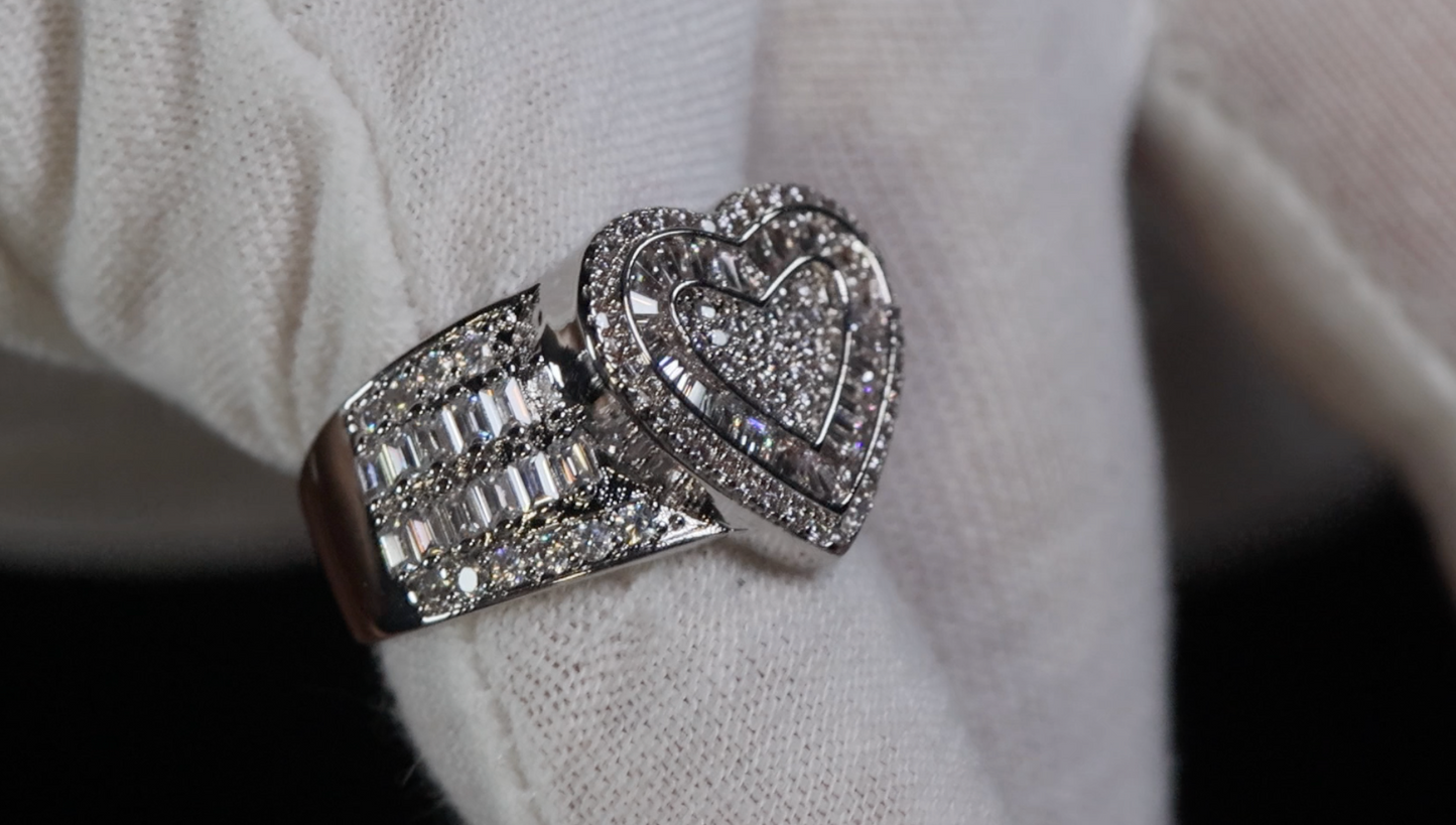 Silver Diamond Heart Ring | Silver Baguette Diamond Heart Ring