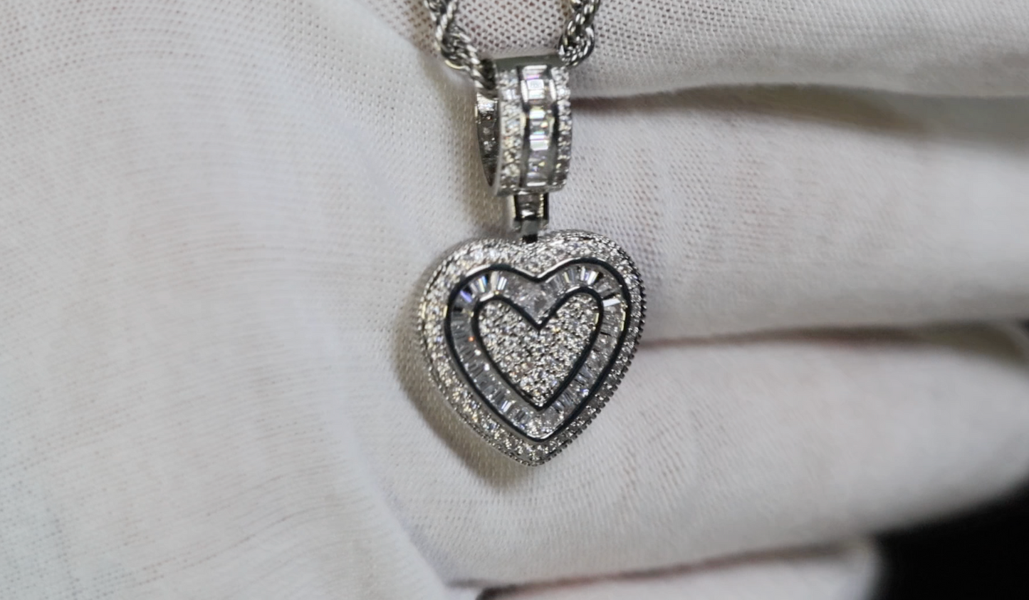 Silver Diamond Heart Pendant | Baguette Diamond Heart Pendant