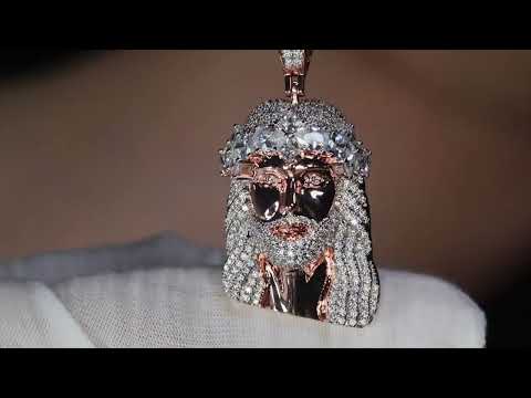 Load and play video in Gallery viewer, Rose Gold Diamond Jesus Face Pendant