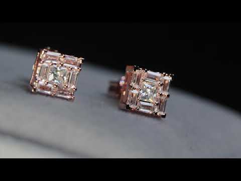 Load and play video in Gallery viewer, Rose Gold Baguette Diamond Ear Studs