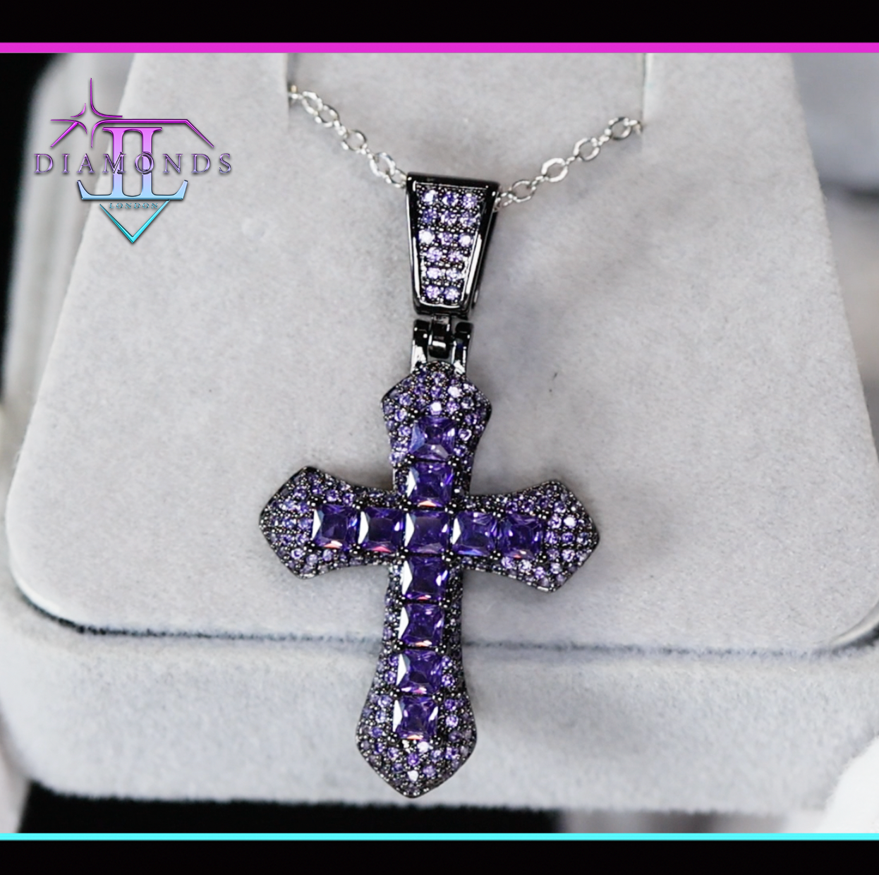 Purple Diamond Cross Pendant | Princess Cut Diamond Cross