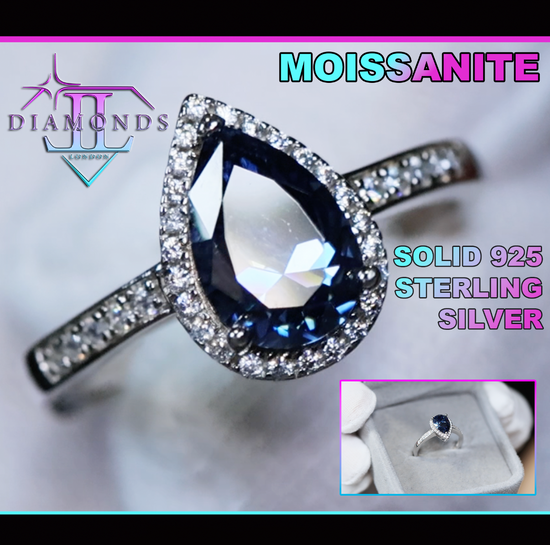 Sapphire Blue Pear Cut Moissanite Diamond Ring