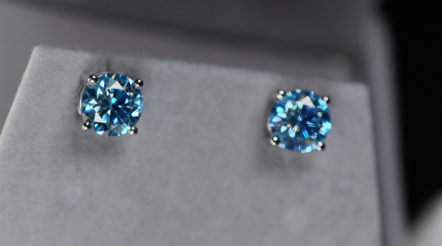 Blue Moissanite Diamond Ear Studs