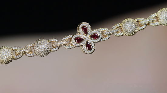 Men's Gold Diamond Ball Chain with red gemstones
